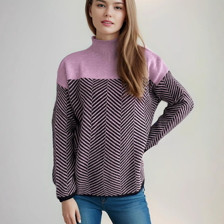 Kvinnors mysiga polotröja med modernt herringbone-mönster och elastiska ärmar Mirla-Eva Jonsson