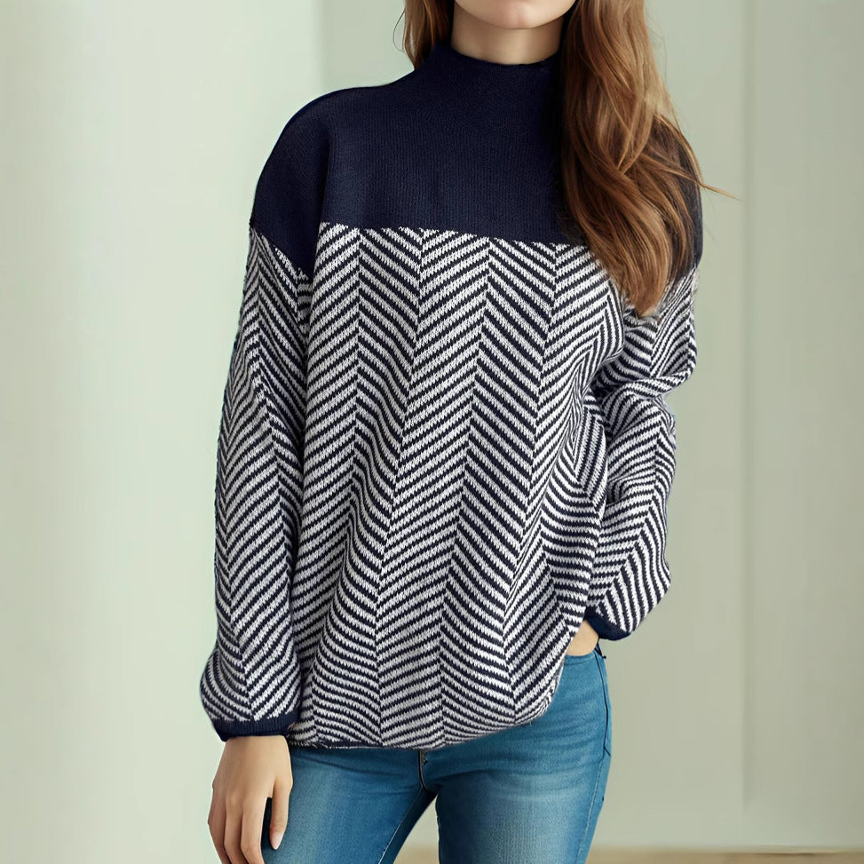 Kvinnors mysiga polotröja med modernt herringbone-mönster och elastiska ärmar Mirla-Eva Jonsson