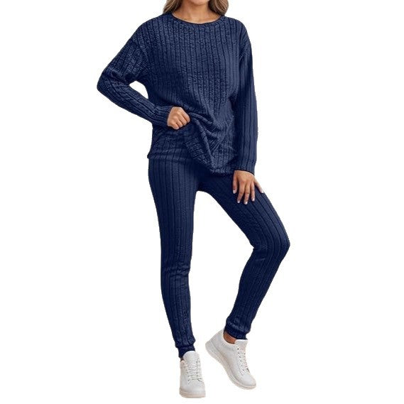 Kvinnors mysiga stickade ensemble med ribbad textur Mirla-Eva Jonsson
