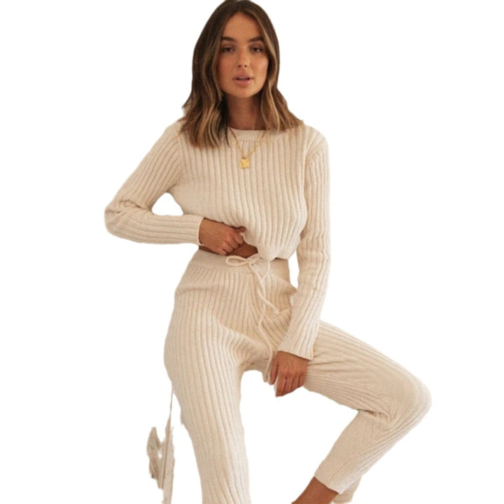 Kvinnors mysiga stickade lounge-set med elastisk midja och kort topp Mirla-Eva Jonsson