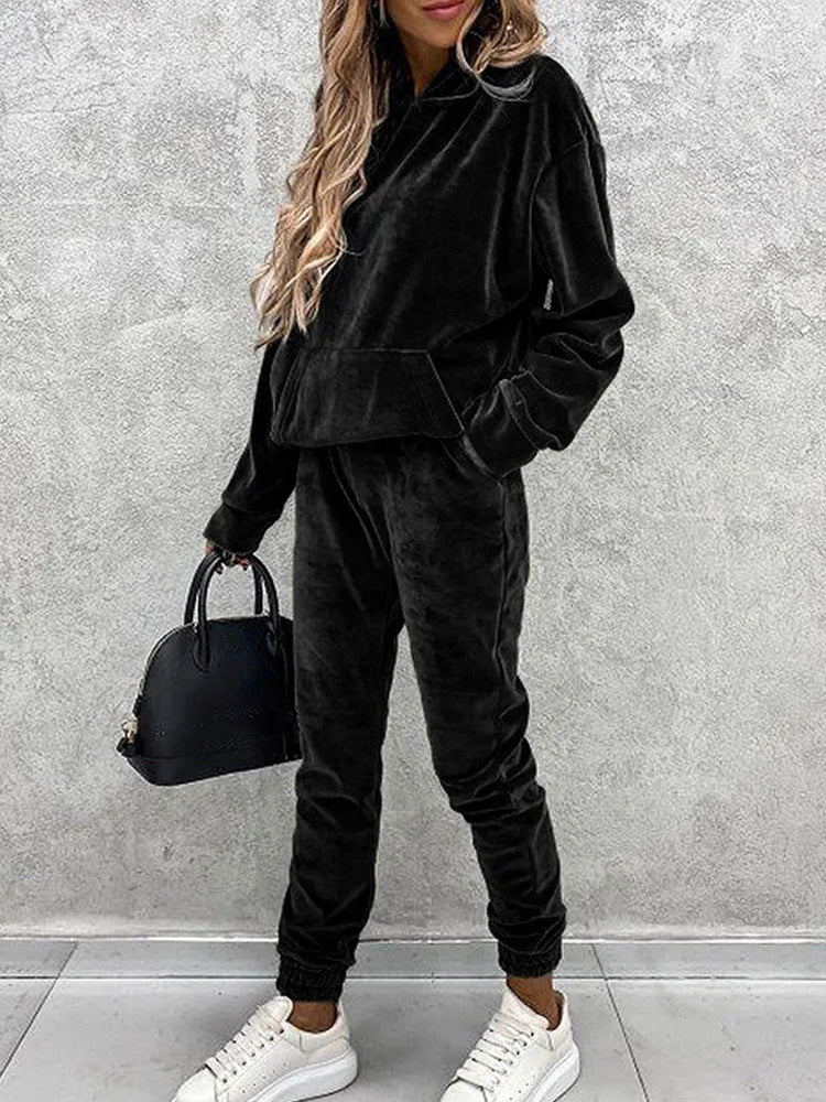 Kvinnors mysiga velour joggingset med huva och elastisk midja Mirla-Eva Jonsson
