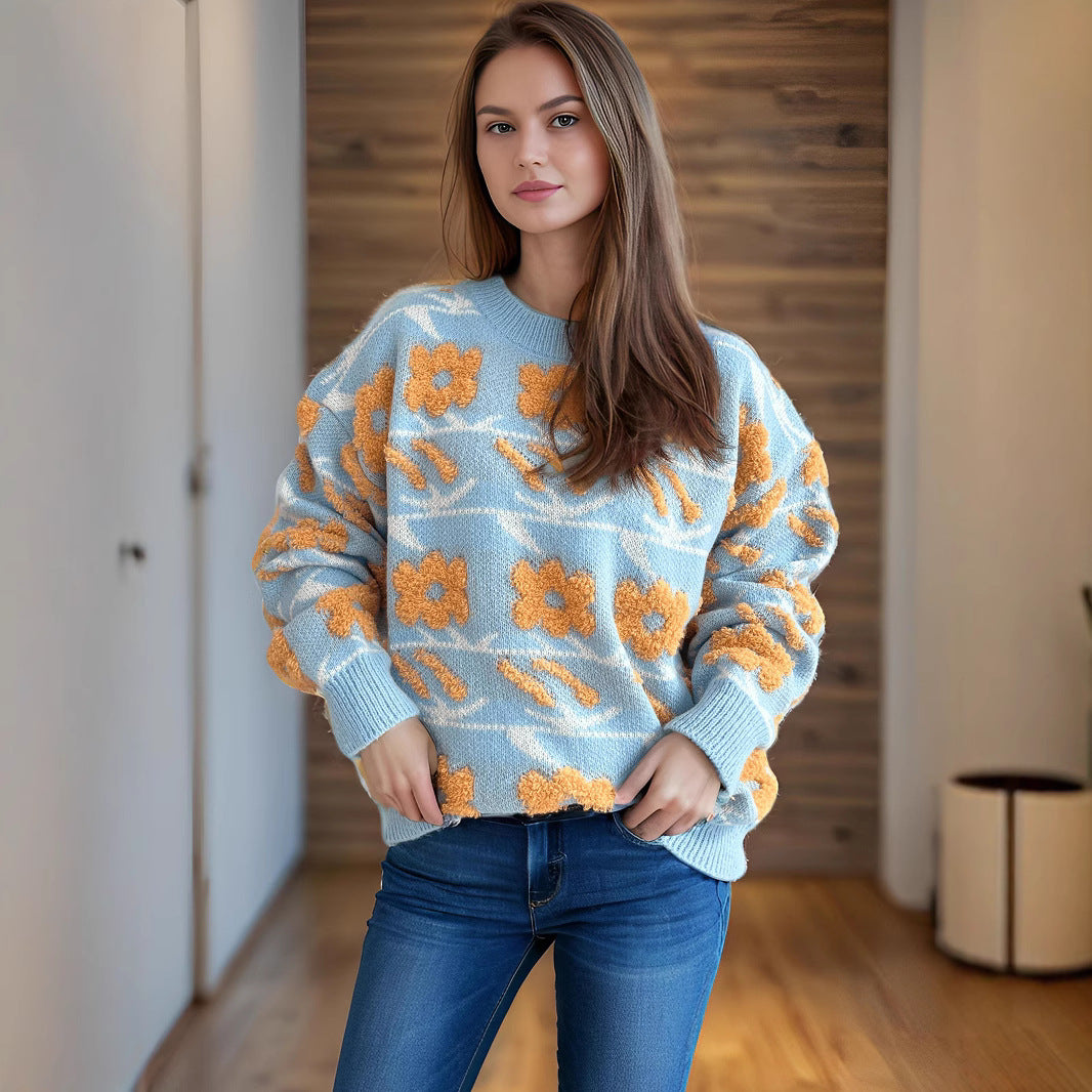 Kvinnors mysigt stickad tröja med blommiga 3D-applikationer Mirla-Eva Jonsson