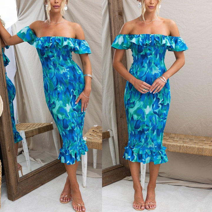Kvinnors off-shoulder klänning med volanger och figurnära passform-Eva Jonsson