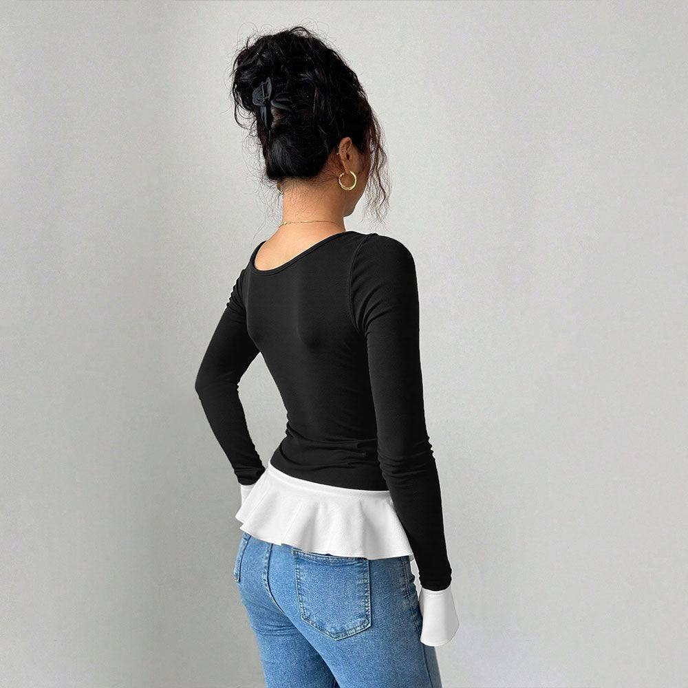 Kvinnors off-shoulder topp med modedic ruffle och dekorativt knyt-element Mirla-Eva Jonsson