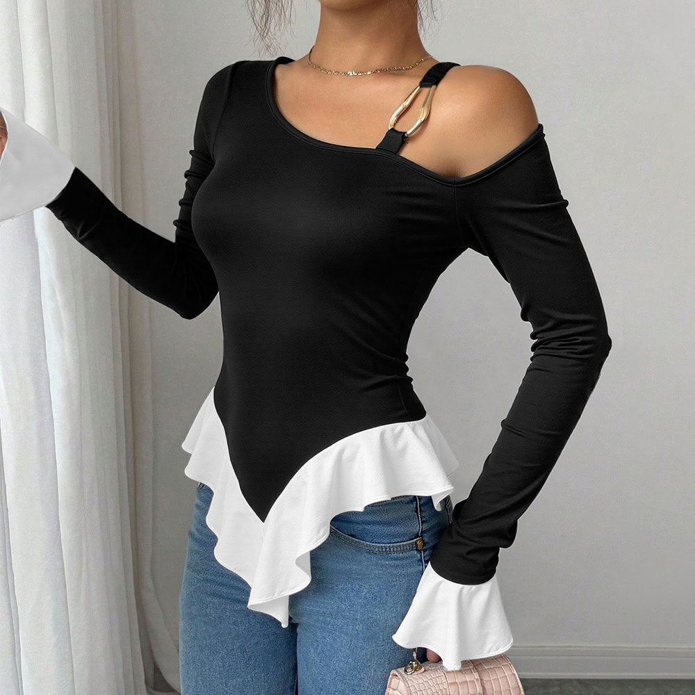 Kvinnors off-shoulder topp med modedic ruffle och dekorativt knyt-element Mirla-Eva Jonsson