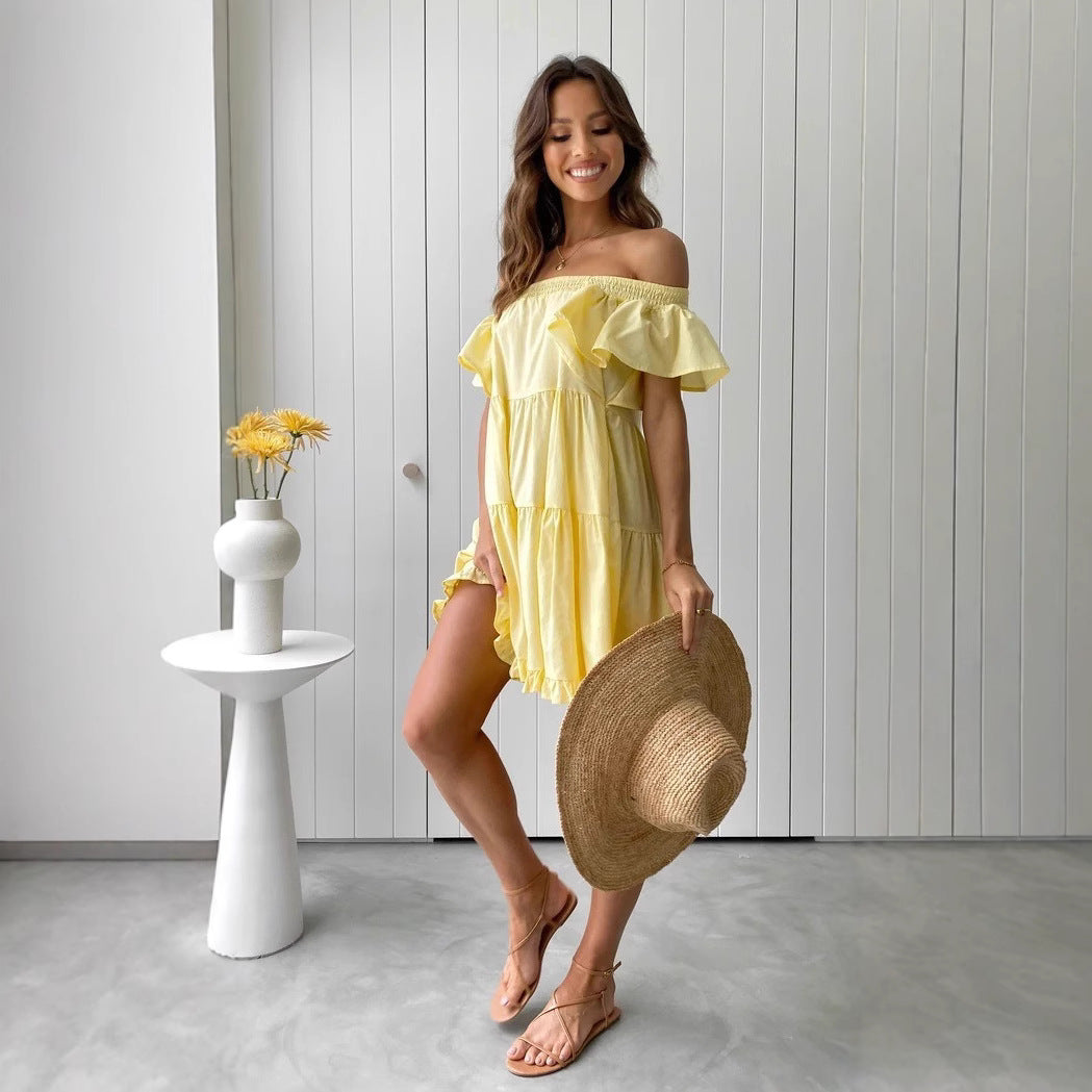 Kvinnors off-shoulder vardagsklänning med volangdetaljer Mirla-Eva Jonsson