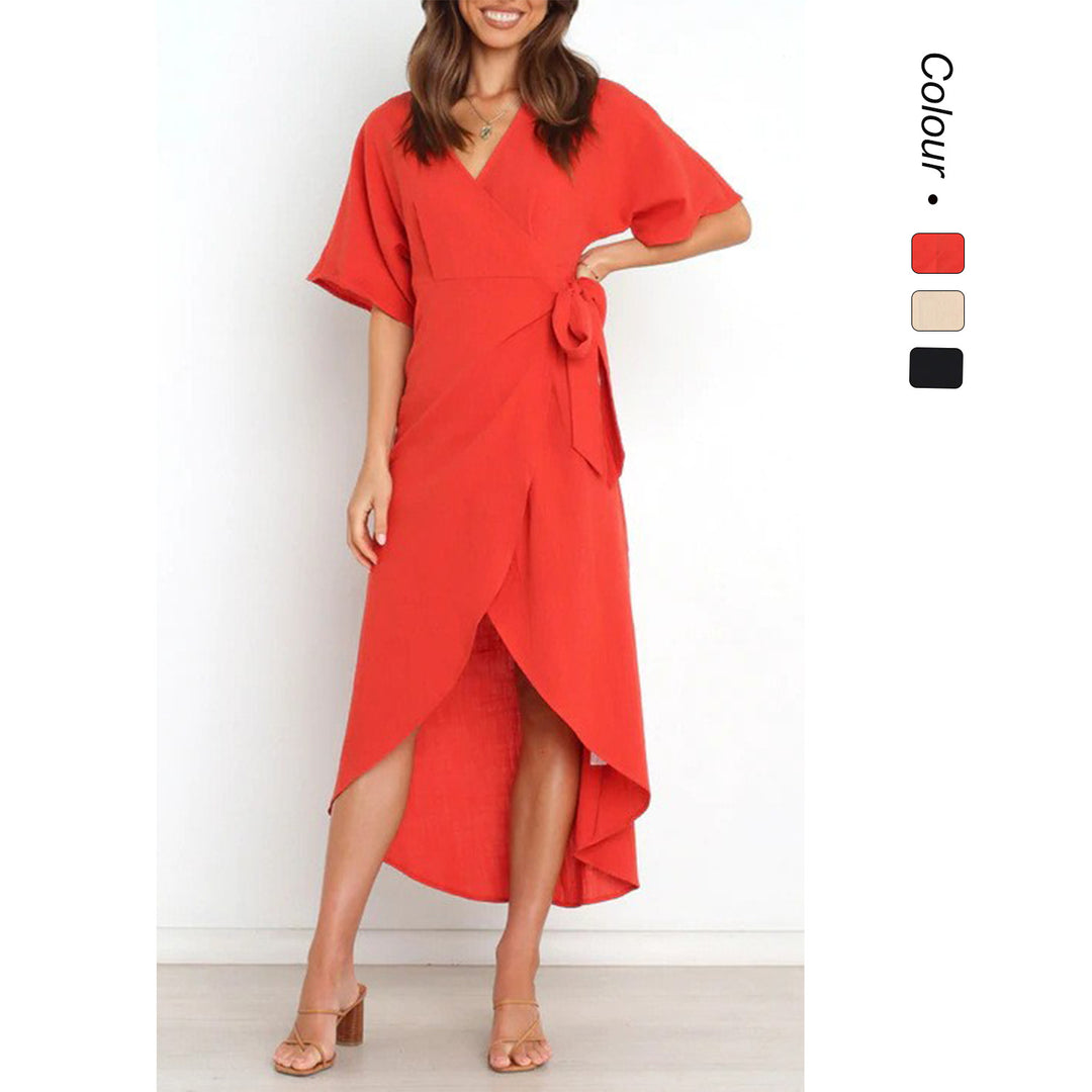 Kvinnors omlottklänning med elegant V-hals och mode midjebälte-Eva Jonsson