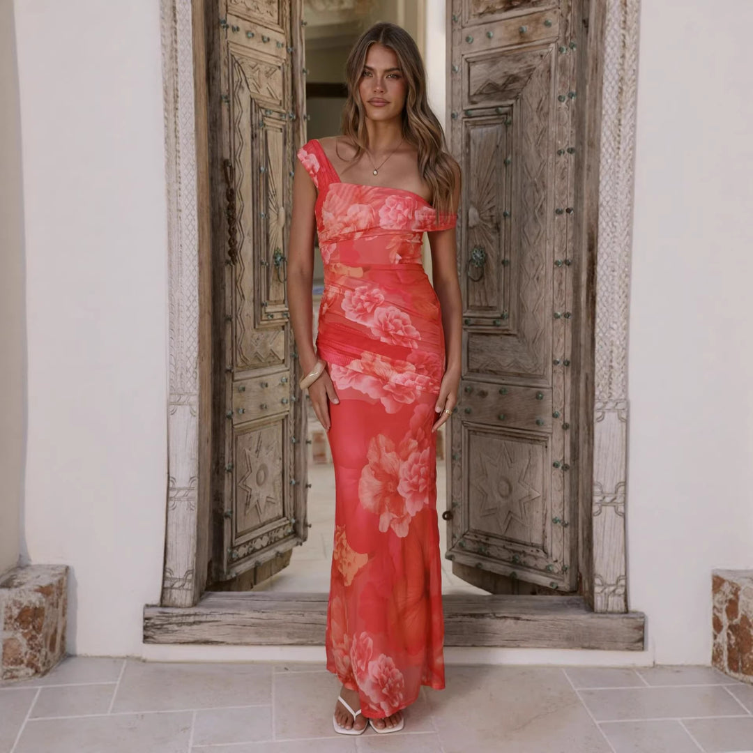Kvinnors omslag maxi klänning med blommönster och elegant chiffongtyg-Eva Jonsson