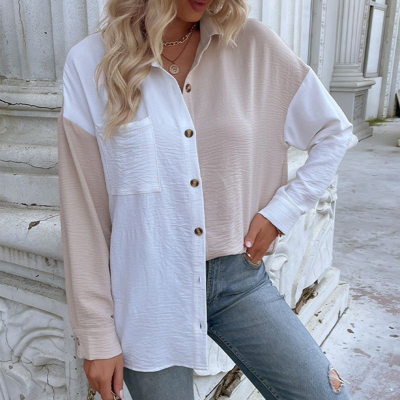 Kvinnors oversized blus skjorta med två färgdesigns och moda knappdetaljer Mirla-Eva Jonsson