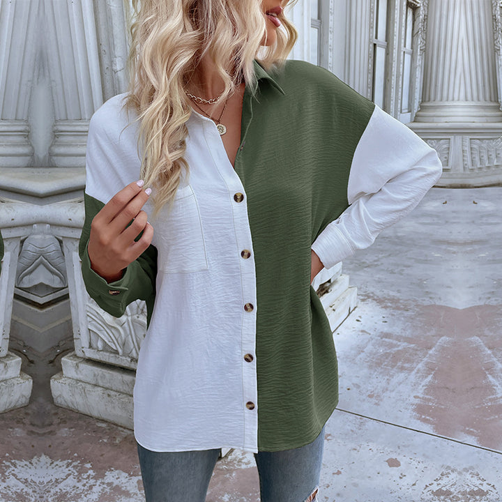 Kvinnors oversized blus skjorta med två färgdesigns och moda knappdetaljer Mirla-Eva Jonsson