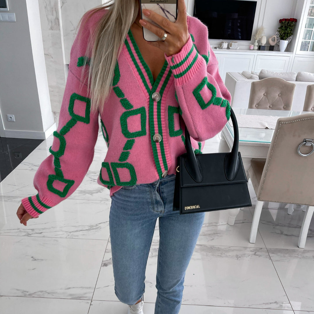 Kvinnors oversized cardigan med färgglad geometrisk mönster Mirla-Eva Jonsson