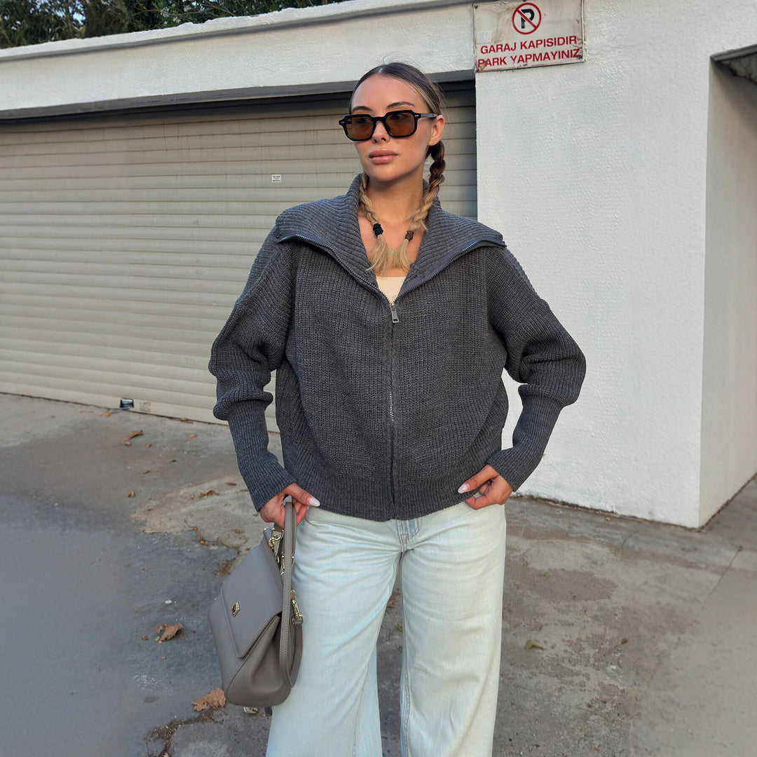 Kvinnors oversized stickad cardigan med hög krage och dragkedja Mirla-Eva Jonsson