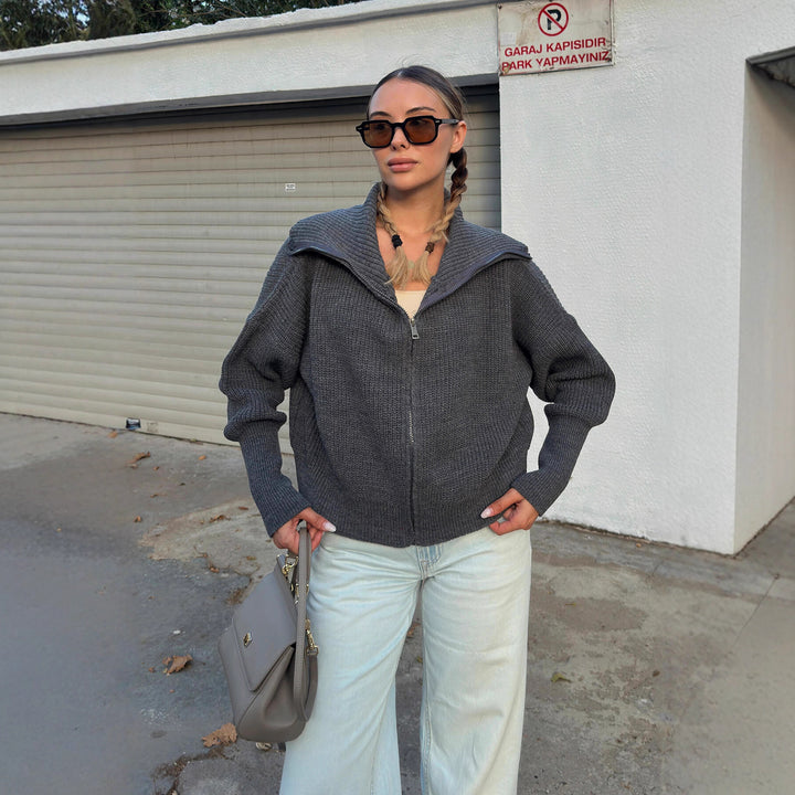 Kvinnors oversized stickad cardigan med hög krage och dragkedja Mirla-Eva Jonsson