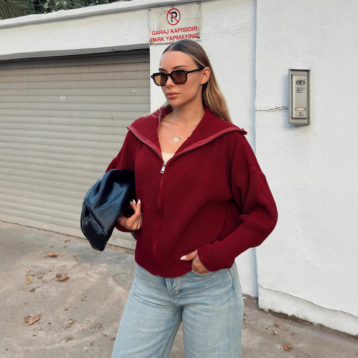 Kvinnors oversized stickad cardigan med hög krage och dragkedja Mirla-Eva Jonsson