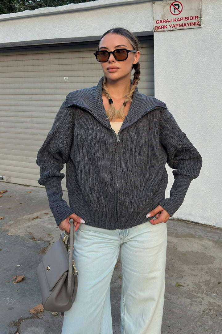 Kvinnors oversized stickad cardigan med hög krage och dragkedja Mirla-Eva Jonsson