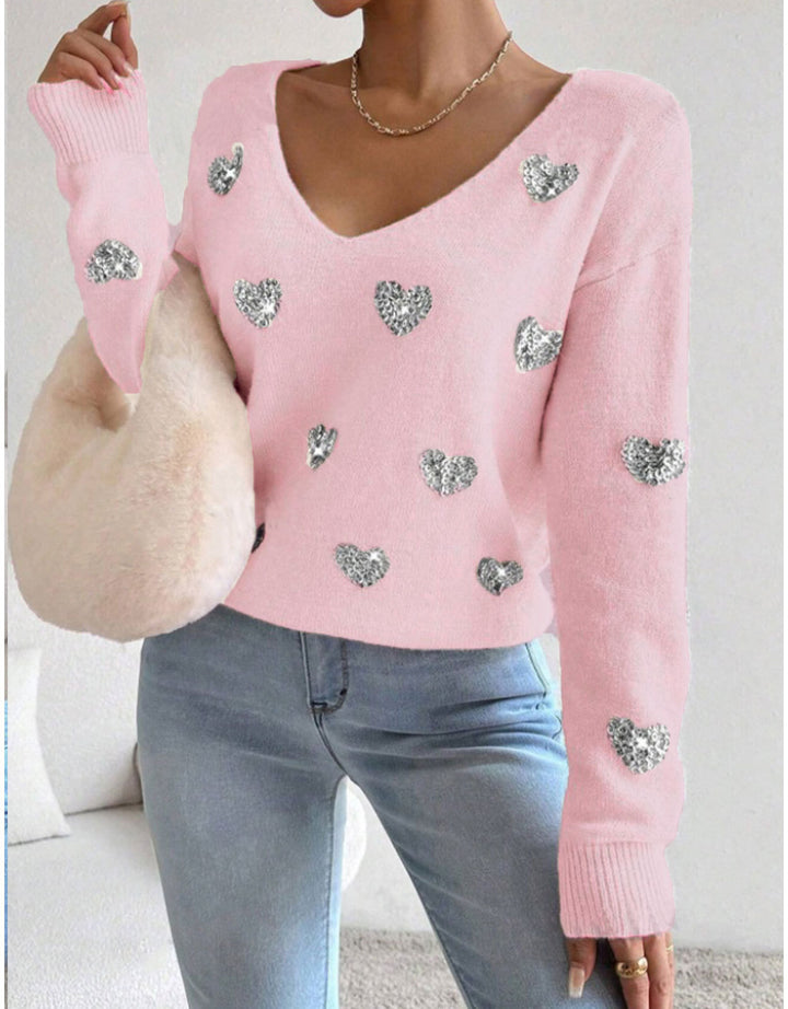 Kvinnors oversized sweatshirt med djup V-hals och hjärtmotiv Mirla-Eva Jonsson