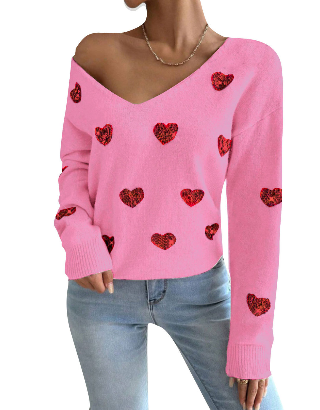 Kvinnors oversized sweatshirt med djup V-hals och hjärtmotiv Mirla-Eva Jonsson
