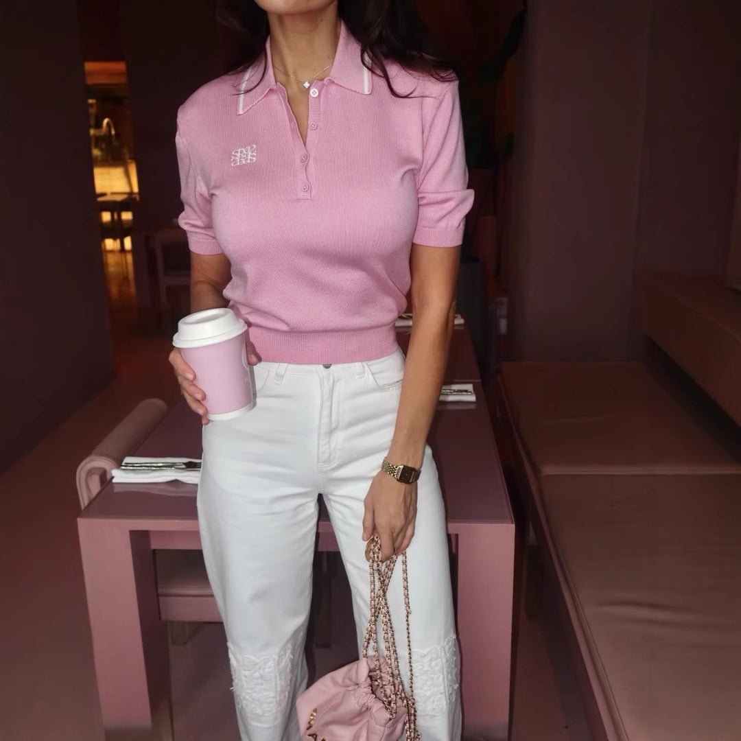 Kvinnors polo skjorta med elegant krage och fin stickad struktur Mirla-Eva Jonsson