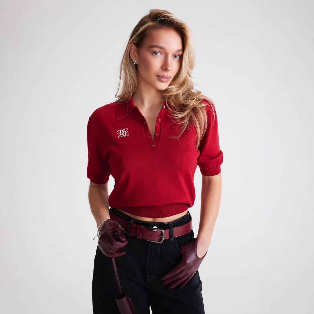 Kvinnors polo skjorta med elegant krage och fin stickad struktur Mirla-Eva Jonsson