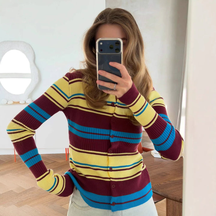 Kvinnors ribbad cardigan med breda ränder och krage Mirla-Eva Jonsson