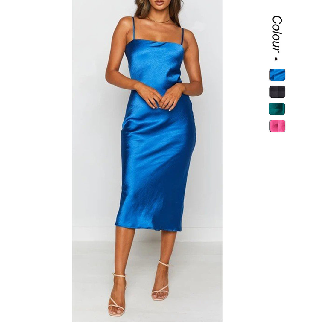Kvinnors satin midi-klänning med smala spaghetti-band och elegant snitt Mirla-Eva Jonsson