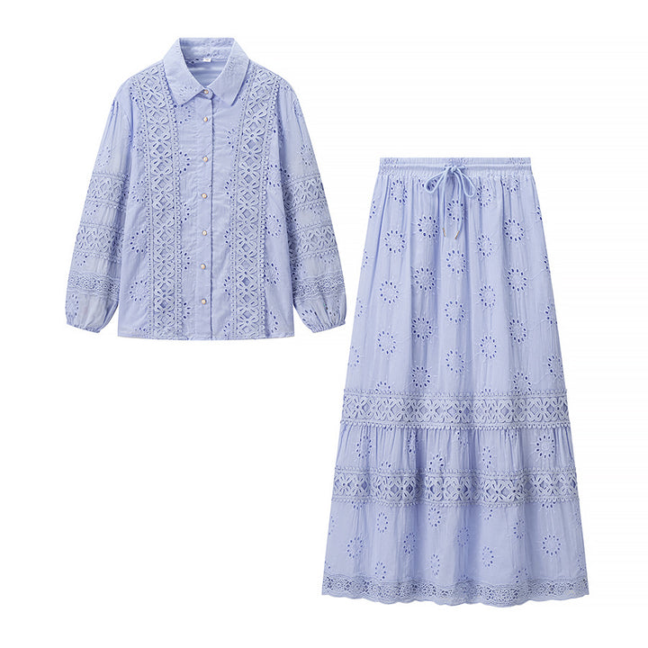 Kvinnors set av blommigt broderad blus och maxikjolar Mirla-Eva Jonsson