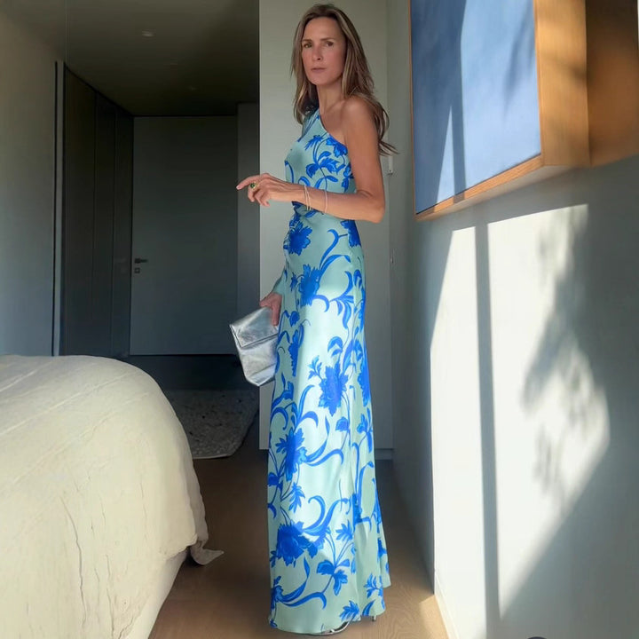 Kvinnors sheath-klänning med asymmetrisk skärning och blommönster Mirla-Eva Jonsson