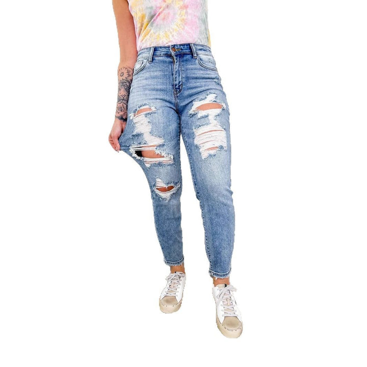 Kvinnors skinny jeans med trendigt förstört utseende och elastisk midja Mirla-Eva Jonsson