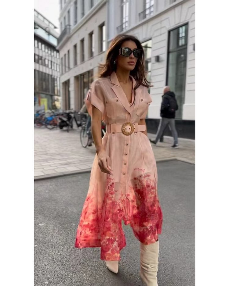 Kvinnors skjortklänning med blommig ombre-effekt och midjeband Mirla-Eva Jonsson