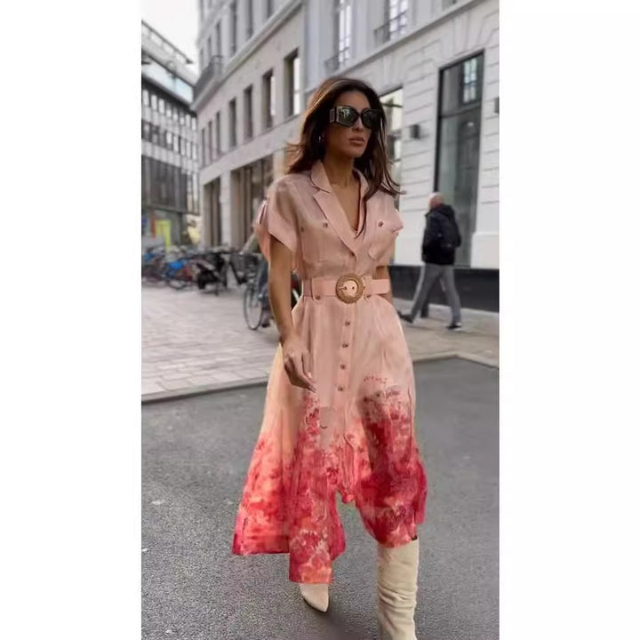Kvinnors skjortklänning med blommig ombre-effekt och midjeband Mirla-Eva Jonsson