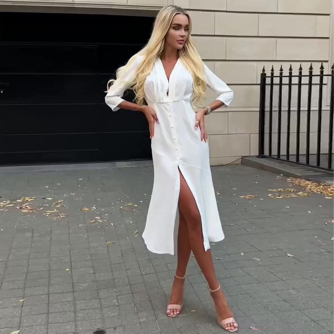 Kvinnors skjortklänning med elegant V-hals och knappslå-Eva Jonsson