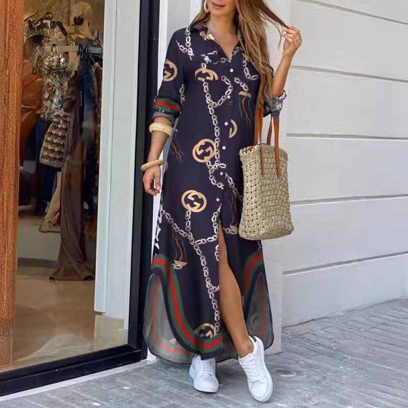 Kvinnors skjortklänning med elegant mönster och sidoflikar Mirla-Eva Jonsson