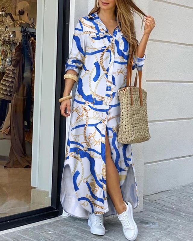 Kvinnors skjortklänning med elegant mönster och sidoflikar Mirla-Eva Jonsson