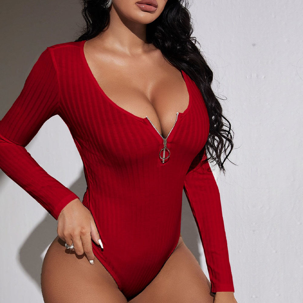 Kvinnors slim fit bodysuit med djup V-ringning och dragkedja Mirla-Eva Jonsson