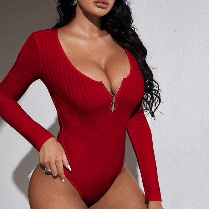 Kvinnors slim fit bodysuit med djup V-ringning och dragkedja Mirla-Eva Jonsson