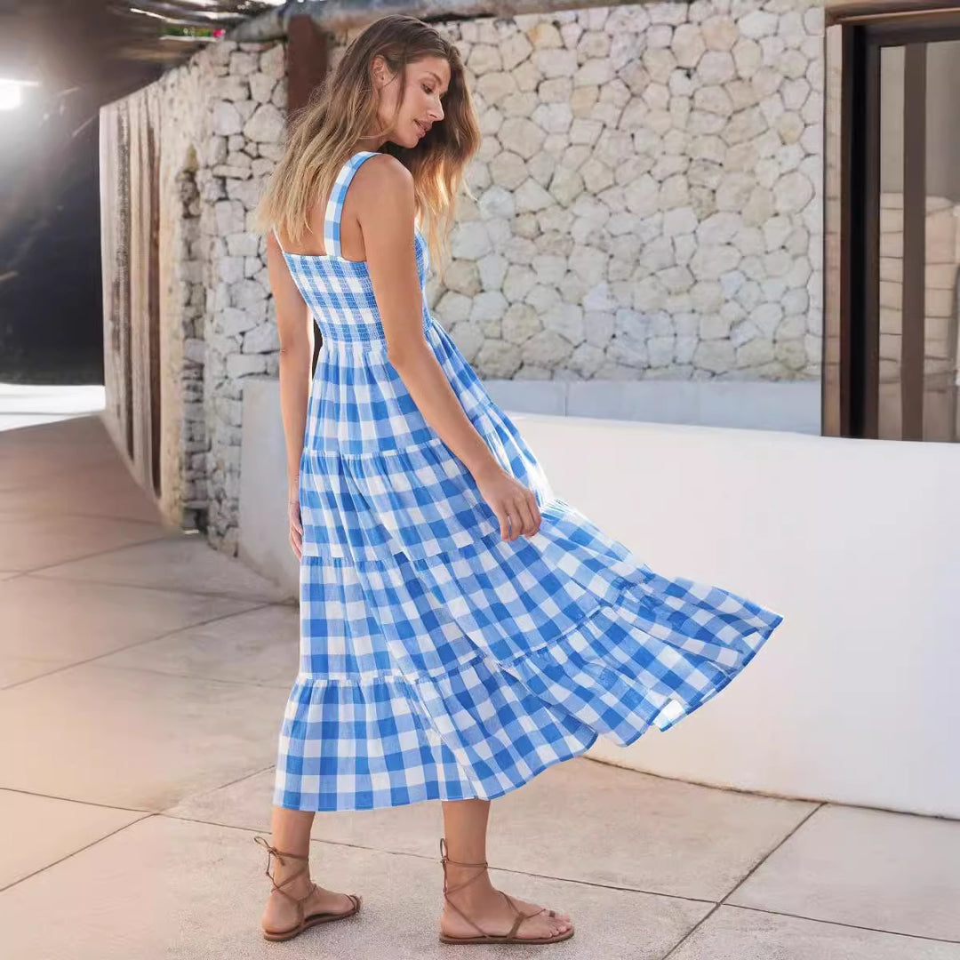 Kvinnors sommar maxi klänning med rutig mönster och flödande snitt Mirla-Eva Jonsson