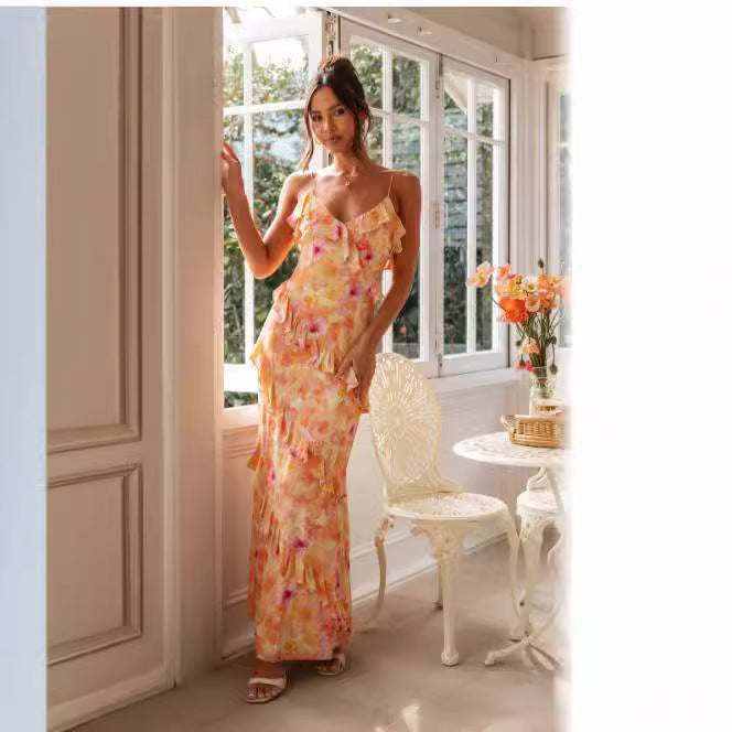 Kvinnors sommar maxi klänning med volangdetaljer och delikat blommönster Mirla-Eva Jonsson