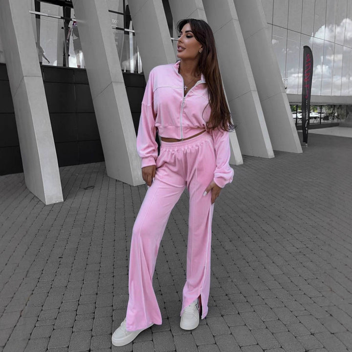 Kvinnors sportiga fleece loungewear-set med kortad jacka och bekväma byxor Chic & Style-Eva Jonsson