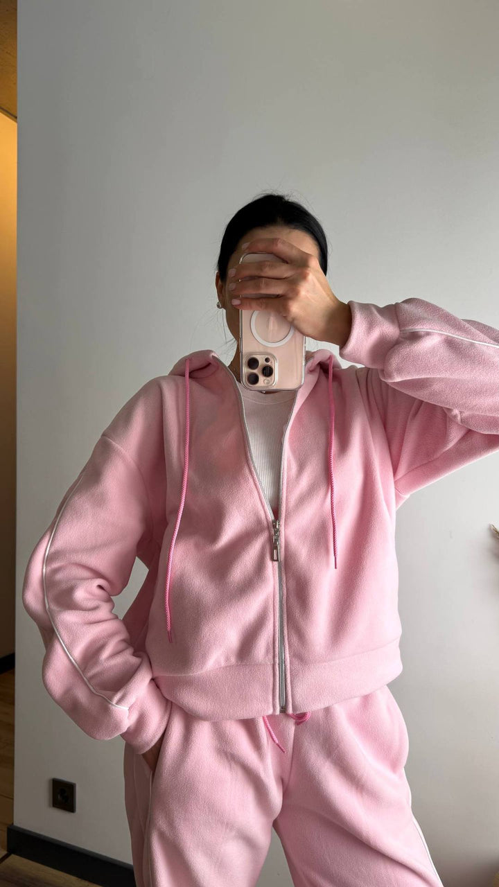 Kvinnors sportiga fleece träningsoverall set med dragkedja och sidostråk Mirla-Eva Jonsson