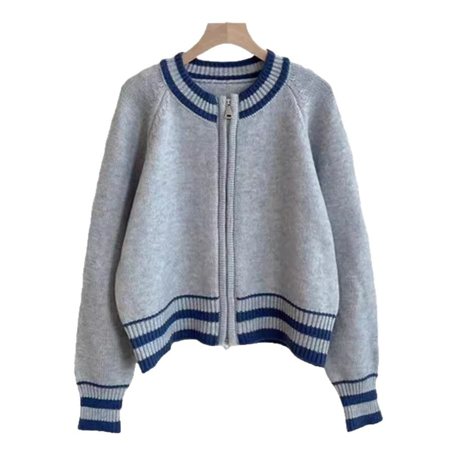 Kvinnors sportiga stickade cardigan med dragkedja och randig manschett Mirla-Eva Jonsson