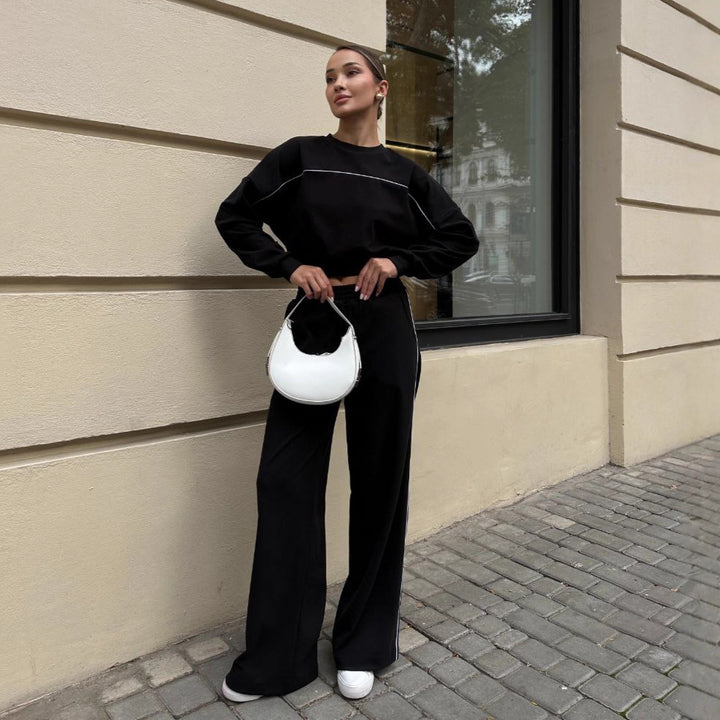 Kvinnors sportiga topp- och byxset med elastisk midjeband och kontrast sömmar-Eva Jonsson