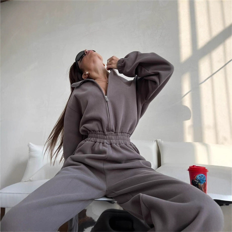 Kvinnors sportigt fleece-set med hög krage och lösa byxor Eva Jonsson-Eva Jonsson