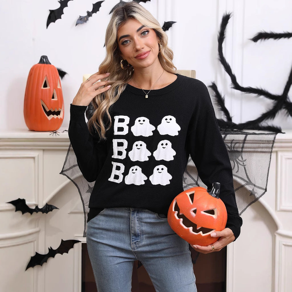 Kvinnors stickad Halloween-tröja med spökmotiv och lös passform Mirla-Eva Jonsson