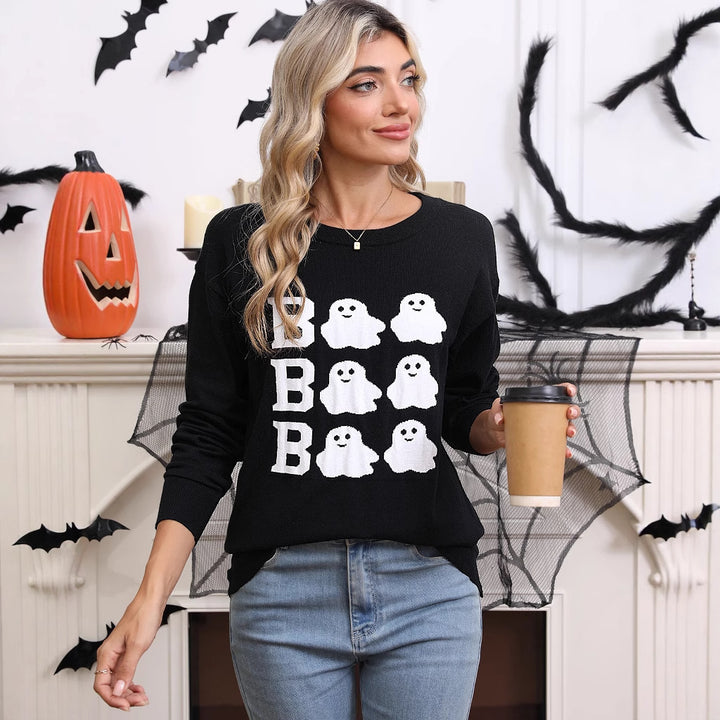 Kvinnors stickad Halloween-tröja med spökmotiv och lös passform Mirla-Eva Jonsson