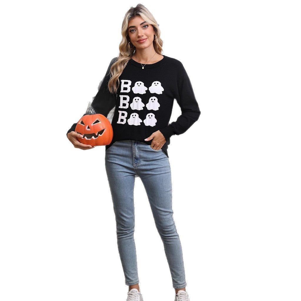 Kvinnors stickad Halloween-tröja med spökmotiv och lös passform Mirla-Eva Jonsson