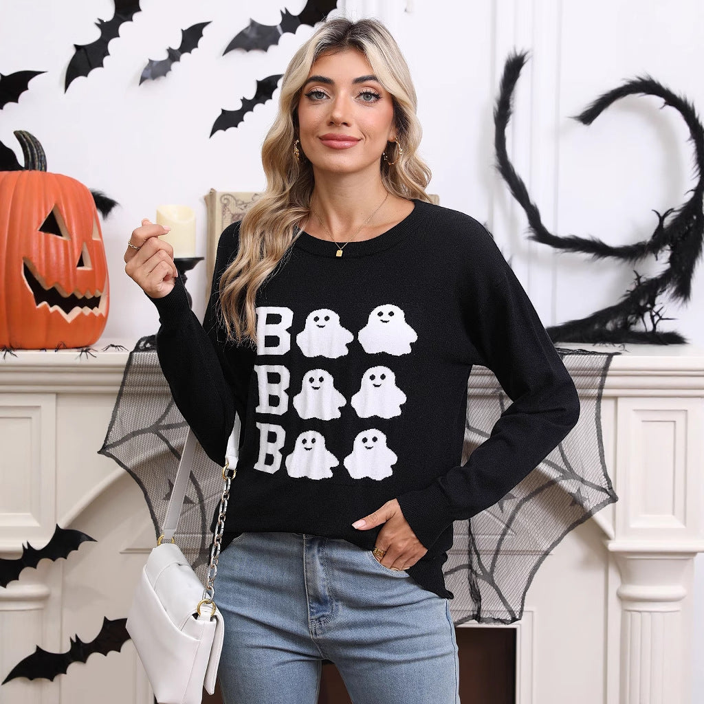 Kvinnors stickad Halloween-tröja med spökmotiv och lös passform Mirla-Eva Jonsson