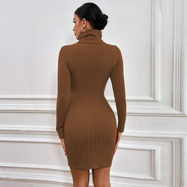 Kvinnors stickad klänning med elegant rullkrage och moderna urklippsdetaljer Mirla-Eva Jonsson