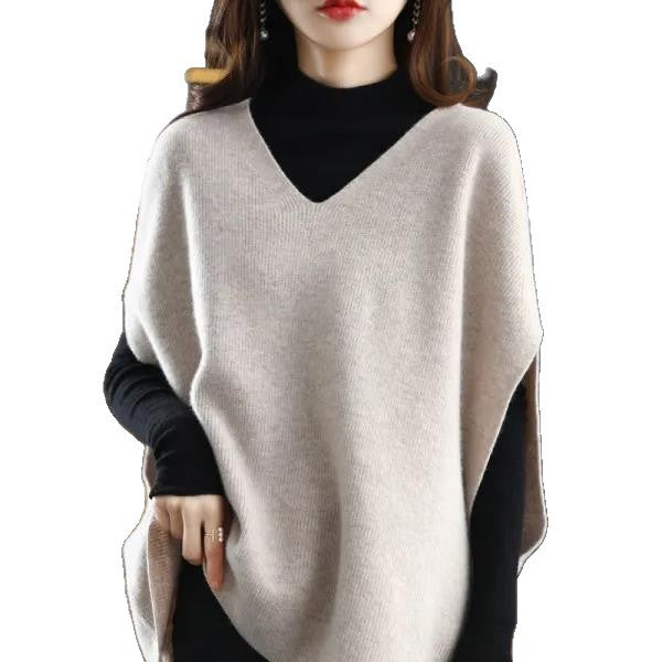 Kvinnors stickad poncho med V-hals Mirla-Eva Jonsson