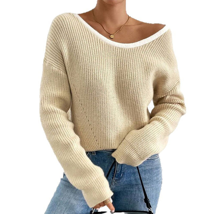 Kvinnors stickad pullover med V-hals och dekorativa rosetter runt-Eva Jonsson