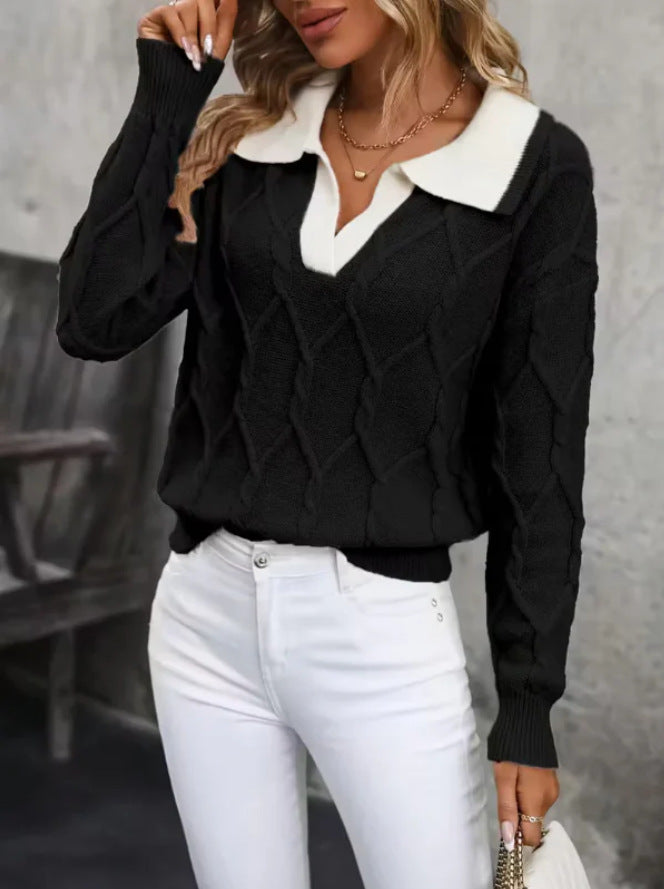 Kvinnors stickad pullover med klassisk polo-krage och diamantstruktur Mirla-Eva Jonsson